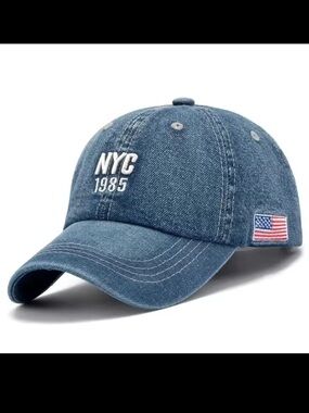 Macy's Denim Baseball Cap with NYC 1985 Embroidery - Blue